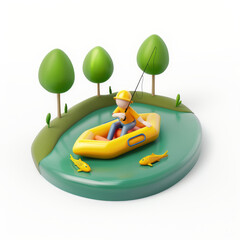 fisherman on an inflatable boat catches fish
 icon in 3D style on a white background