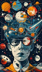 Illustration of a man in space with planets and stars in his head