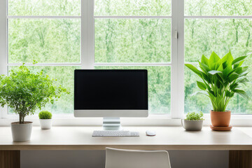 Fototapeta premium Desk of free space with green plant and window of spring time 