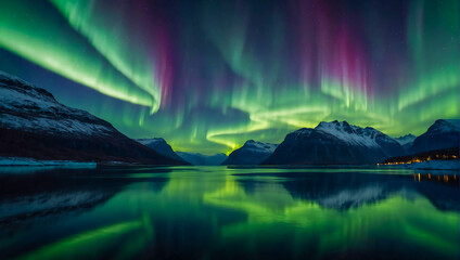 Beautiful landscape with a calm lake surrounded by mountains with the magical northern lights dancing the night sky