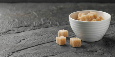 A bowl of sugar cubes sits on a dark surface