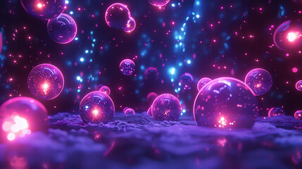 A pink and purple galaxy with pink and purple spheres floating in space.


