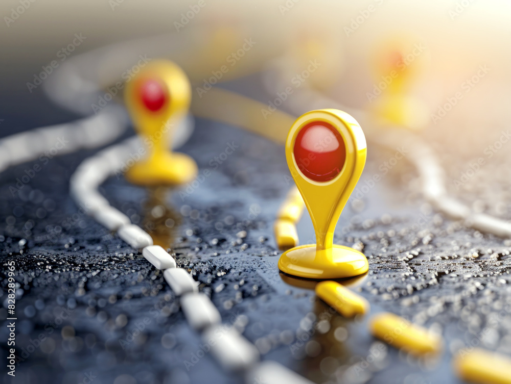 Poster yellow map pointers on a road, realistic style, blurred background, concept of navigation. generativ