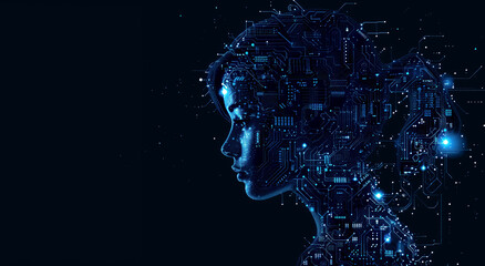 Obraz premium A digital illustration of a human profile intertwined with circuitry, set against a starry space-like background, concept of technology and humanity. Generative AI