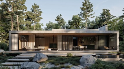 Obraz premium modern Scandinavian style home, wood and concrete, beautiful architecture, real estate outdoor