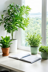 Fototapeta premium Desk of free space with green plant and window of spring time 