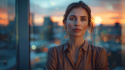 Young businesswoman standing alone in a modern office with cityscape view, looking confident and successful