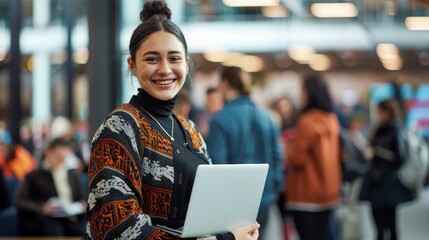 A girl is smiling and holding a laptop in a busy hallway
