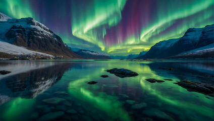 Beautiful landscape with a calm lake surrounded by mountains with the magical northern lights dancing the night sky