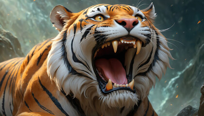 Fantasy Illustration of a wild animal tiger. Digital art style wallpaper background.