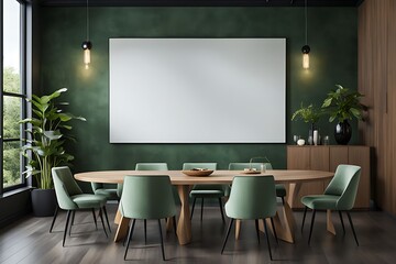 Dining room with green and wood tones, Modern minimalist restaurant or coffeehouse interior, large space cafe mockup for menu template, hotel or eatery area, 3D render