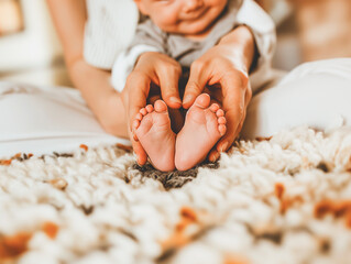 Close-up of a baby's feet cradled by adult hands, against a soft, textured blanket, embodying the concept of care and protection. Generative AI