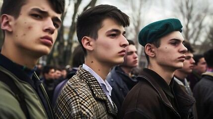 Young men of Hungary. Hungarian men.Three serious-looking young men with distinctive hairstyles standing in a crowd, expressing a sense of youth defiance and style. 