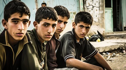 Young men of Iraq. Iraqi men.Four young men sitting side by side with serious expressions in an urban setting. 