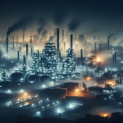 Factory landscape at night with smoke and smog.