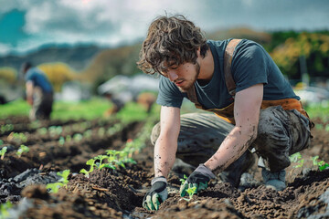 Asian farmer planting seedlings in garden beds outdoors
