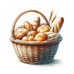 An illustration for summer, rendered in watercolor style, Picnic basket clipart with a handle.