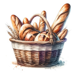 An illustration for summer, rendered in watercolor style, Picnic basket clipart with a handle.