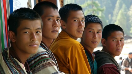 Young men of Bhutan. Bhutanese men.Young monks in traditional attire are lined up, showcasing cultural diversity and friendship with a serene backdrop.  - Powered by Adobe