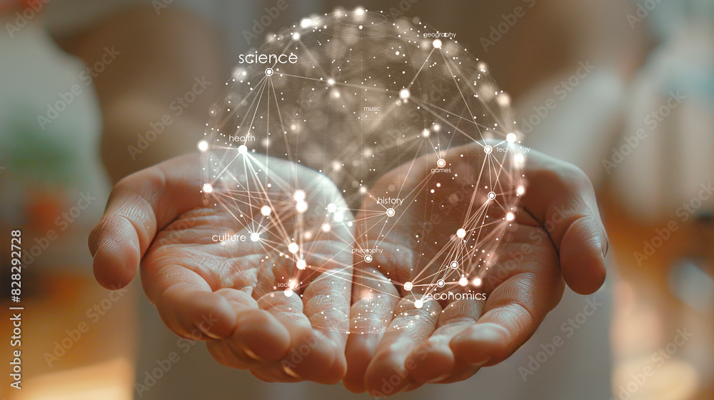 Aufkleber Hands presenting a holographic network of connected points and words on a blurred background, concept of interconnected knowledge. Generative AI