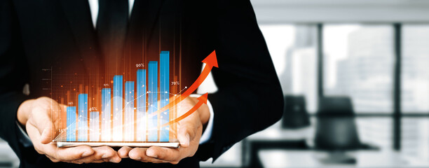 Double Exposure Image of Business and Finance - Businessman with report chart up forward to...