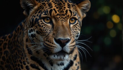 A close up of a jaguar looking into the camera with dark background,.