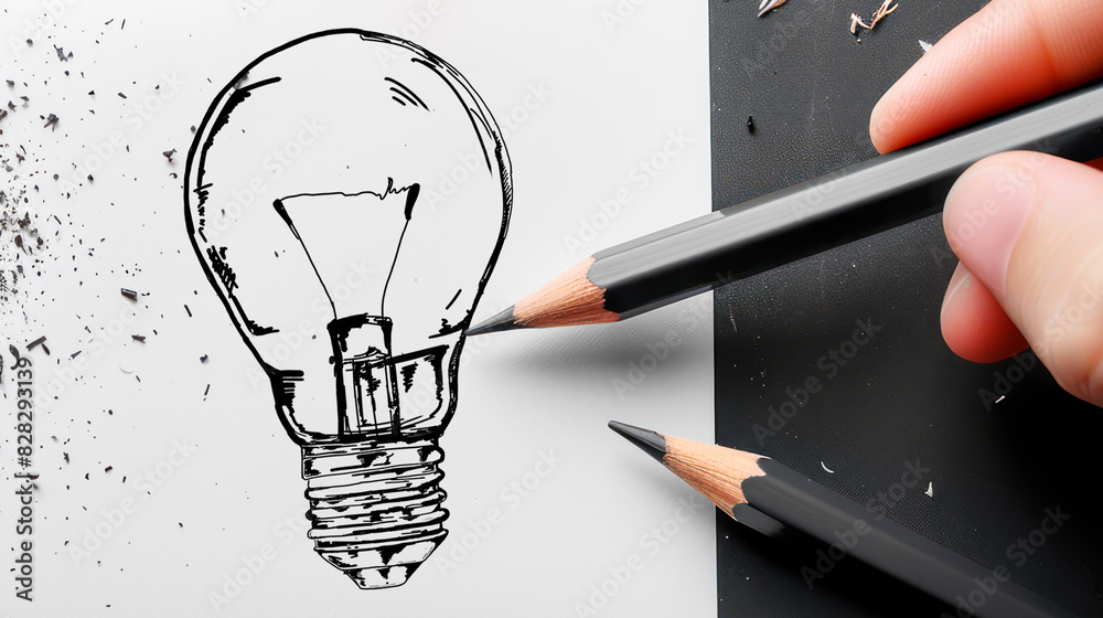 Poster hand drawing a lightbulb with pencils on a white and black background, symbolizing idea generation. 