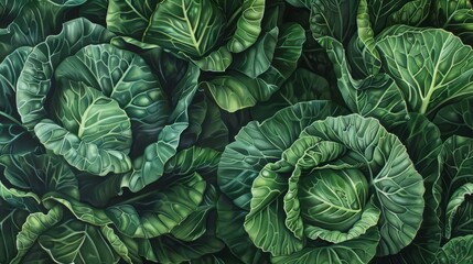 Obraz premium Verdant vitality: A lush tapestry of cabbage leaves showcases nature's intricate patterns and vivid greens