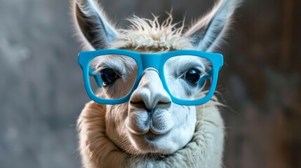 White llama wearing blue glasses. Generative AI