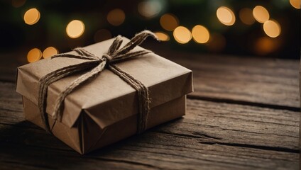 ?raft gift box with small paper mock up for note on wooden background. Eco present concept.