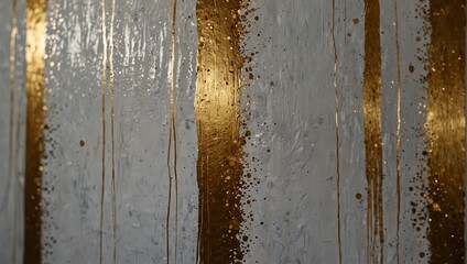 A painting of a white and gold abstract design on the wall,.