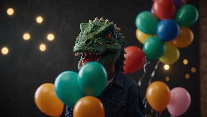 A person with a dinosaur mask head holding party balloons. Surreal party background.