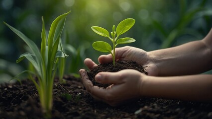 Adult's hands are passed green growing plant to the child over nature background. New life and spring concept.