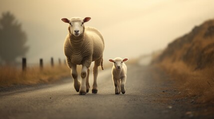 A sheep are walking on a country road - Powered by Adobe