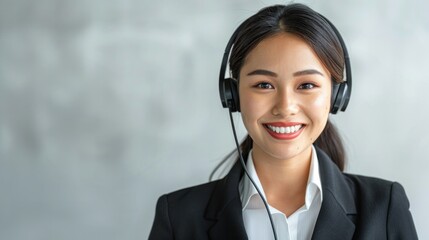 Asian female call center operator on customizable isolated background