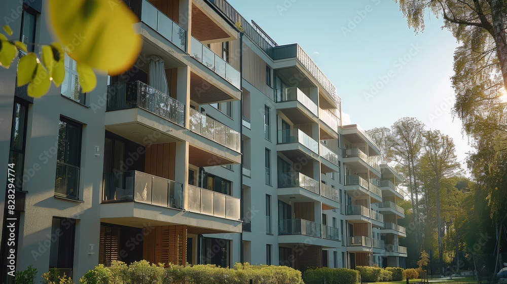 Poster a modern apartment block near a park. generative ai.