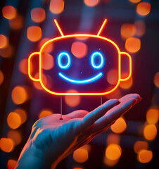 A hand holding a robot with a smile on its face. The robot is glowing in neon colors
