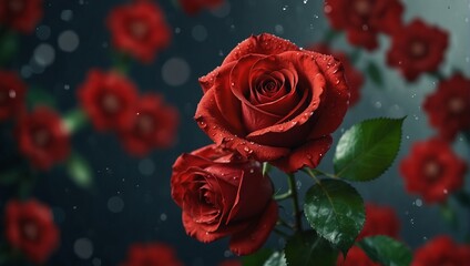 Beautiful red rose petals will cascade onto an abstract floral backdrop adorning a stunning greeting card design.