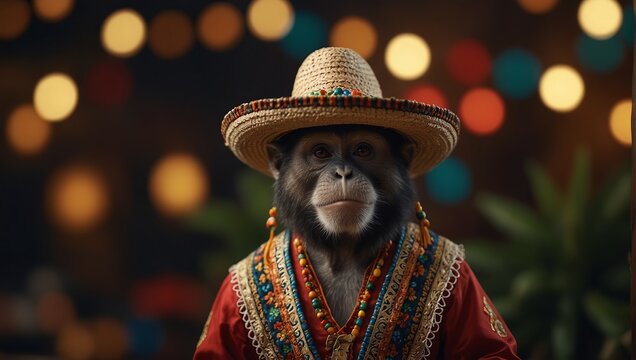 a monkey portrait wearing a sombrero hat and mexican style clothing holding a blank promotion sign.