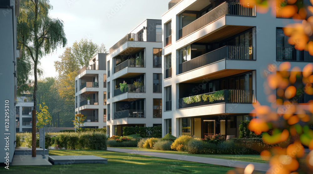 Poster A modern apartment block near a park. Generative AI.