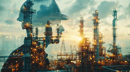 A Engineer or Safety officer holding hard hat with oil refinery plant