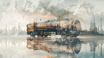 Fototapeta premium Double exposure of oil spill vacuum truck and oil refinery plant .