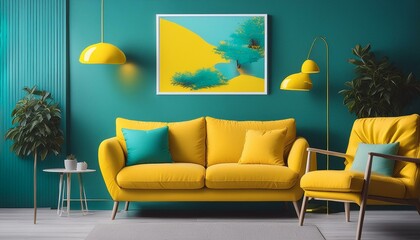 Modern Living Room: Yellow Furniture and Teal Wall in Scandinavian Design"