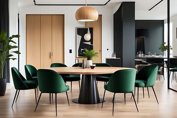 Dining room with green and wood tones, Modern minimalist restaurant or coffeehouse interior, large space cafe mockup for menu template, hotel or eatery area, 3D render