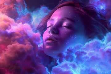 "Surreal Female Portrait with Cloud and Cosmic Background"