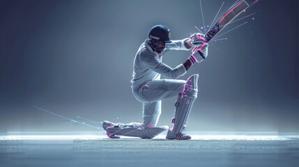 Cricket player batsman doing a pose with a bat shot. technology elements sci fi. Generative AI.