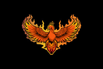 Phoenix with fire mascot cartoon character logo badge vector template