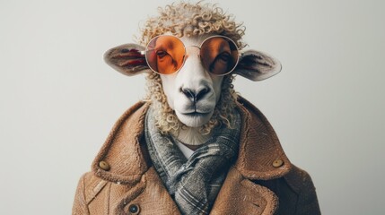 A sheep head wearing sunglasses on the human body of a man wearing winter