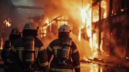 A group of firefighters helped stop the fire. Fire in the Industrial Factory . Rescue ,Teamwork concept