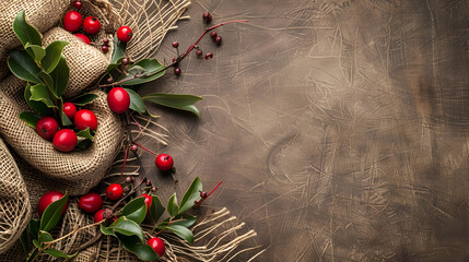 A rustic and natural holiday arrangement with burlap, red berries, and lush green leaves, creating a warm and earthy festive atmosphere perfect for traditional Christmas decorations, copy space.